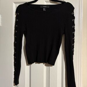 Forever 21 Black Long Sleeve Top Laced Up Sleeves